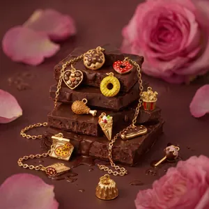 Macro-weergave van bedeltjes met voedselthema op gestapelde chocolade met rozenblaadjes.