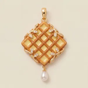 Detail of a creative waffle-shaped pendant with golden leaves and a white pearl drop.