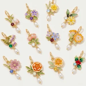 Vintage Copper Enamel Birth Flower Pendant Necklace With Rhinestone Birthstone Artificial Pearl For Women Fashion Jewelry