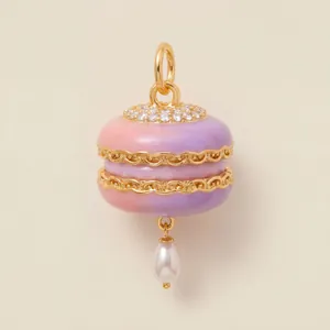 Detailed view of macaron pendant with pink purple enamel and a pearl drop.