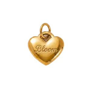18K gold plated stainless steel heart pendant with elegant Bloom engraving for DIY jewelry