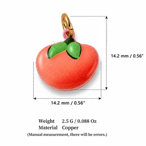 Macro view of a pink peach pendant with dimensions 14.2mm and weight 2.5g. Copper material.