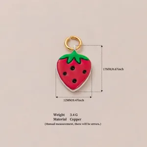 Detail view of a cute 17mm red strawberry pendant made of copper with measurements.