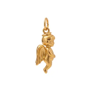 Detailed view of a 3D gold angel charm pendant with polished finish