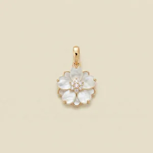 Gedetailleerde weergave van een bloemhanger met witte schelpblaadjes en een gouden frame