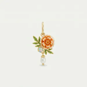 Detail view of elegant gold flower pendant with opal birthstone and dangling white pearl charm