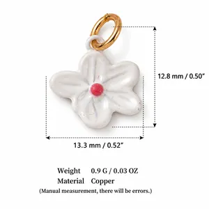 Detailed macro shot of white flower copper pendant showing 13.3mm width and 0.9g weight