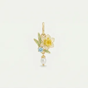 Elegant gold flower pendant featuring a blue birthstone and a delicate white pearl drop