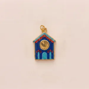 Enamel house clock pendant in gold finish titanium steel jewelry detail
