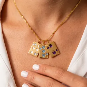 Elegant 18K gold plated playing card pendant necklace with sparkling colorful heart gems