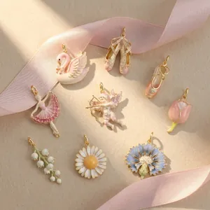 Nordic Pink Ballet Series Pendants Enamel Ballerina Shoes Swan Cupid Flower Copper Jewelry Necklaces For Women