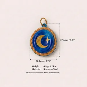 Detailed measurement view of stainless steel celestial moon and star pendant charm.