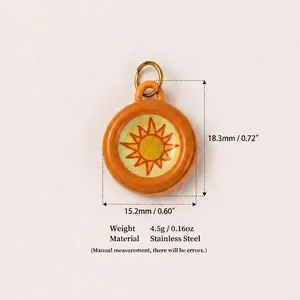Detailed view of the stainless steel sun charm with dimension and weight specs