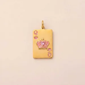 Pendentif doré rectangulaire avec couronne rose et zircon en cœur, style Reine