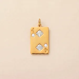 Detailed view of a gold-plated 18K stainless steel poker card pendant with diamonds.