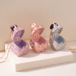 Cute Animal Suitcase Opening Necklace Copper Enamel Rhinestone Cat Dog Hamster Miniature Box Pendant Jewelry For Girls Women