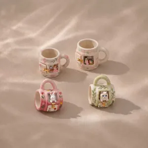 Detailed miniature ceramic necklace mug charms featuring cute rabbit cat and girl scenes