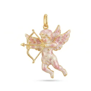 Exquisite detail of a gold Cupid pendant featuring pink and white marbled enamel textures