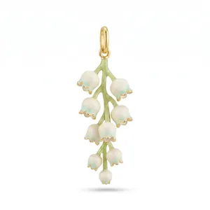 Elegant lily of the valley pendant with green enamel stem and delicate white buds