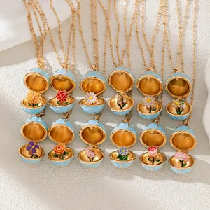 Vintage Fabergé Style Enamel Flower Locket Necklace For Women Copper 14K Gold Plated 12 Months Birth Flower Round Box Pendant