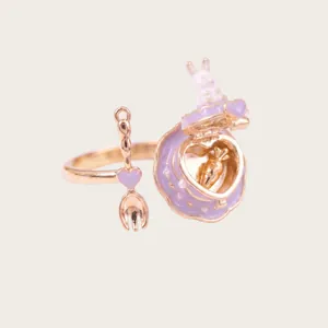 Kawaii openable rabbit cake ring in macaron purple and gold with heart fork charm