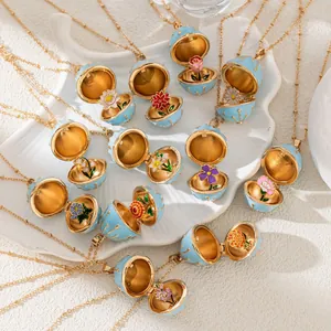 Exquisite openable birth flower box necklace with light blue enamel and gold-plated chain