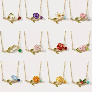 Detailed collection of vintage enamel birth month flower necklaces with colorful gems