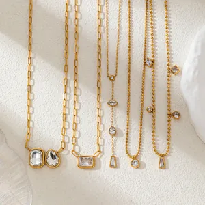 Stainless Steel Paperclip Chain Layered Necklace For Women Geometric Rhinestone Pendant Y Shaped Choker Luxury Jewelry