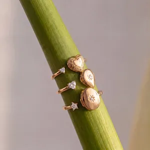 Vista detallada de anillos de relicario dorados y anillos con cristales en un tallo
