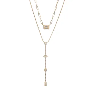 Elegant double layered gold Y-necklace set with paperclip chain and emerald cut zirconia
