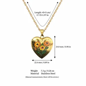 Detailed dimensions and material specifications for the gold floral heart locket necklace