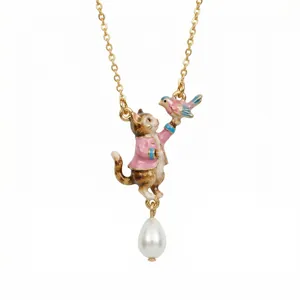 Detail showing a cat in a pink jacket holding a small bird with a pearl drop pendant.
