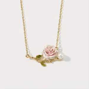 Elegant vintage enamel rose flower pendant necklace with white pearl in gold finish