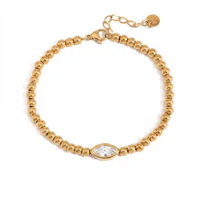 Elegantes vergoldetes Perlenarmband mit klarem Edelstein im Marquise-Schliff für Damen