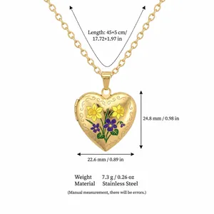 Detailed size specifications for the heart locket necklace with floral enamel designs