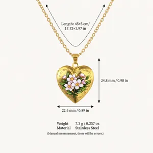 Detailed view of heart locket necklace with measurements and material specifications