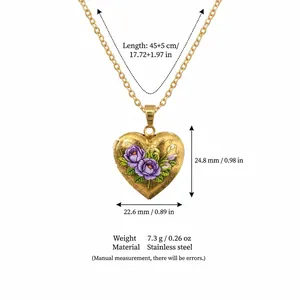 A detailed view showing dimensions for the gold heart locket necklace with rose