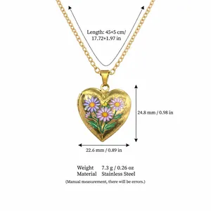 Detailed dimensions of floral heart locket necklace in gold-plated stainless steel