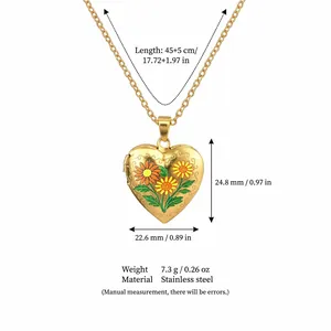 Detailed size measurements of gold-plated stainless steel heart locket necklace with flowers