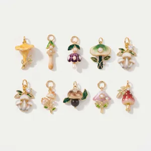 Detailed view of colorful enamel mushroom pendants with pearls and crystals