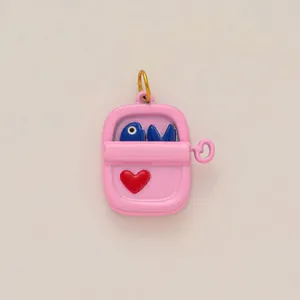 Handmade pink sardine tin pendant with red heart and blue fish, 18K gold plated