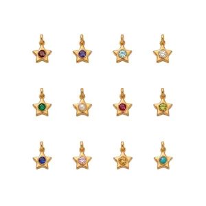 Set of 12 gold plated star pendants with colorful birthstones for DIY necklaces