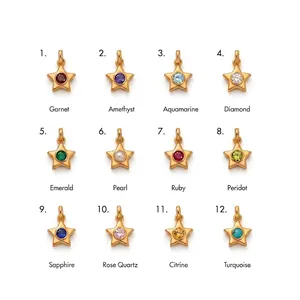 Detailed display of 12 birthstone gold plated star pendants for DIY necklace jewelry