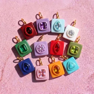 18K Gold Plated Stainless Steel Birthstone Pendant Square Enamel Rhinestone DIY Jewelry Making Accessory For Necklace Chain