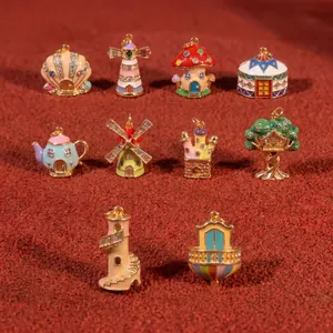 Dreamy Fairy Tale House Enamel Pendant Castle Windmill Rhinestone Copper DIY Necklace For Women Girl