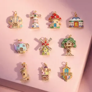 Collection of dreamy enamel fairy-tale house pendants with colorful rhinestones