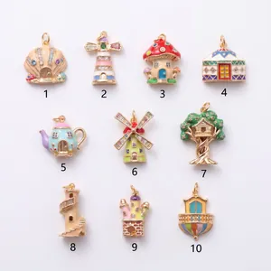 Set of 10 colorful fairytale house enamel charms with rhinestones for DIY jewelry