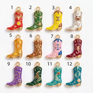 Detailed view of twelve colorful zodiac cowboy boot enamel pendants with gold accents