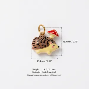 Stainless steel hedgehog charm pendant with mushroom detail and size specifications