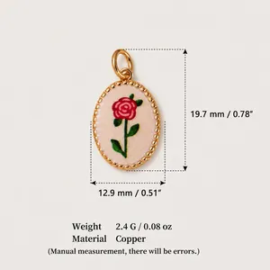 Detailed view of oval rose pendant with dimensions 19.7mm height and copper material